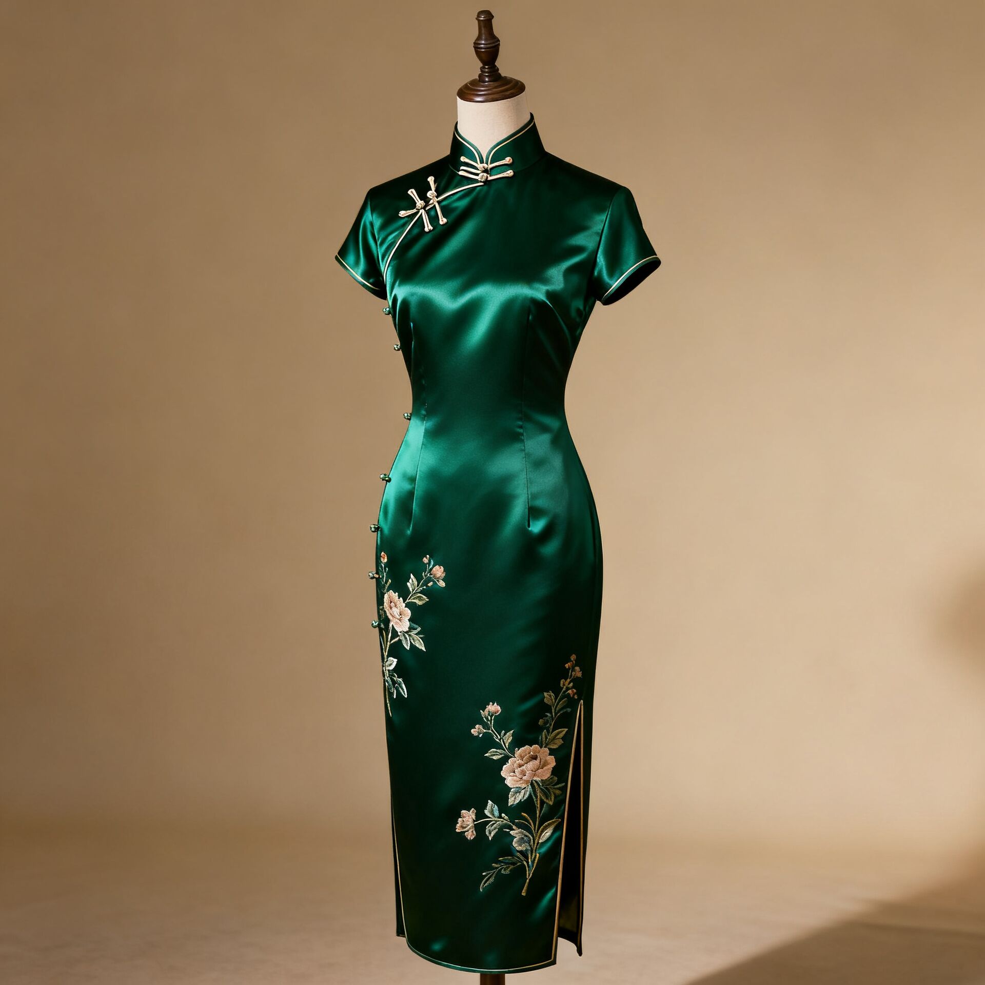 Emerald green silk Qipao